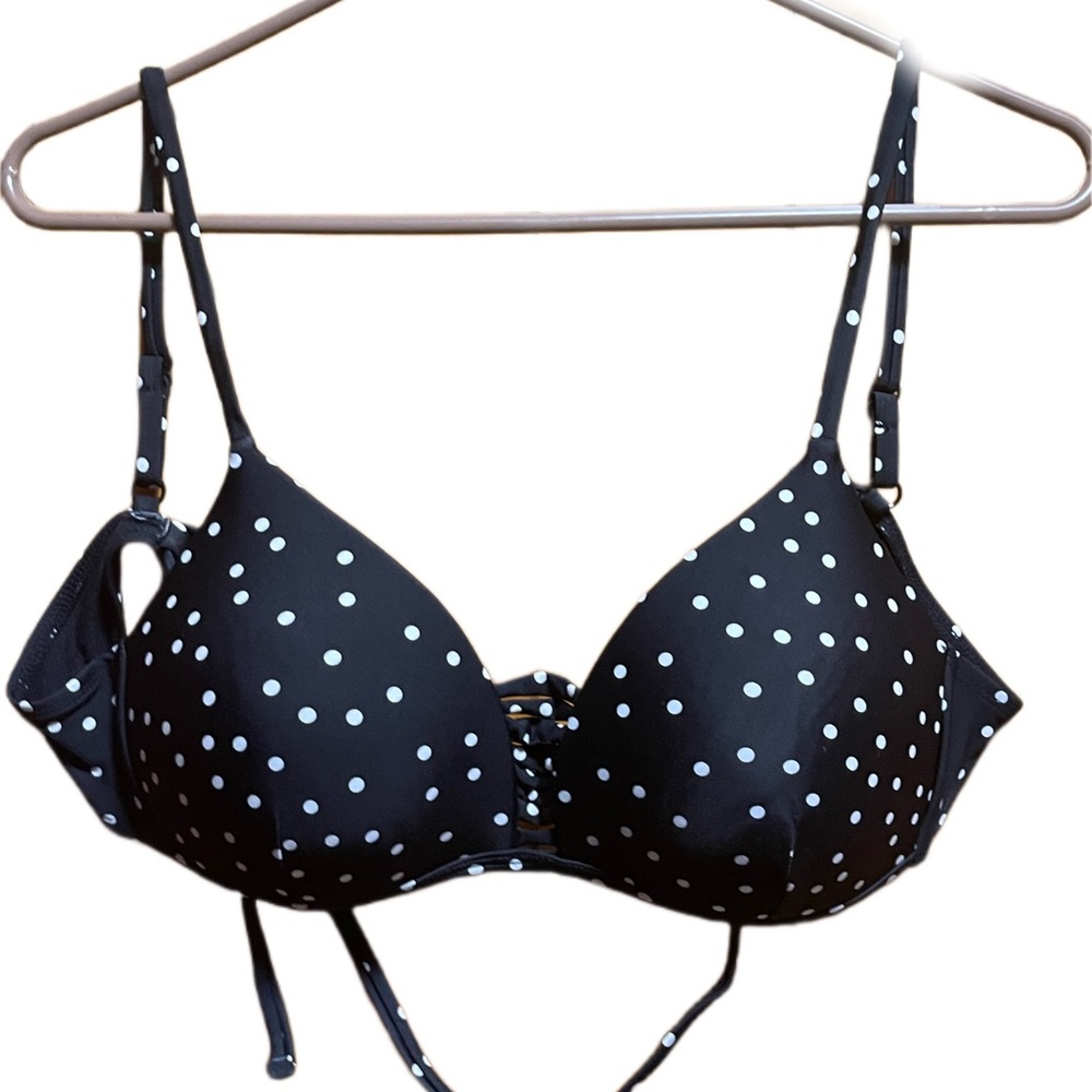 Size large, black and white polkadot bikini top